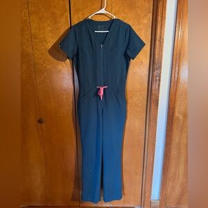 Figs Carribean Blue Jumpsuit with Pink Drawstring